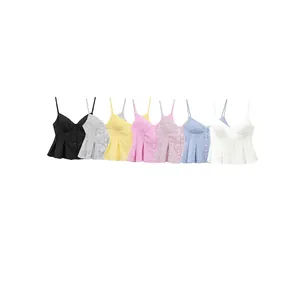 Sleeveless poplin corset top for women in seven colors with button front and peplum hem