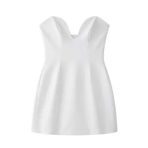 Robe Mini Blanche Sexy pour Femmes Col en V Sans Manches Bodycon Robe de Fête Avec Fermeture Éclair Dos Mode Streetwear