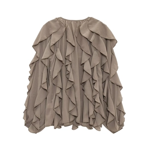 Detailed view of multilayered ruffles on this taupe long sleeve chiffon blouse