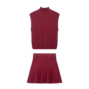 Women Sleeveless Mock Neck Knit Top And A Line Pleated Skirt Solid Color Elegant Minimalist Casual Outfits