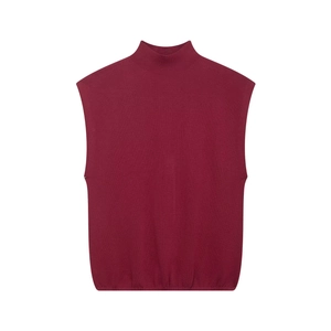 Classic burgundy sleeveless knit vest with semi-high collar and ribbed hem design