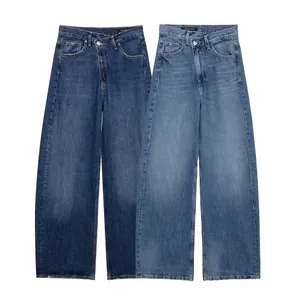 Jeans à Taille Moyenne Asymétrique pour Femmes Jambe Large Denim Délavé Streetwear Pantalon Large Coupe Ballon à la Mode Denim