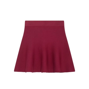 Elegant wine red sleeveless knit two-piece set with a flowing high-waist A-line skirt