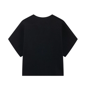 Flat lay back view of women's black short sleeve top with round neck and knit texture