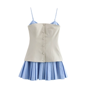 Chic beige vest and blue striped pleated patchwork slip dress for women fashion
