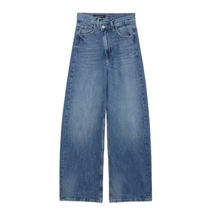 Jean bleu délavé rétro à taille haute et jambe large avec fermeture taille asymétrique
