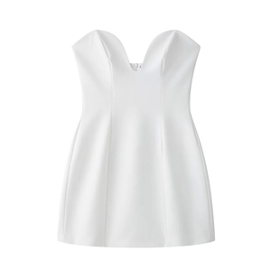 Élégante robe courte bustier blanche à col en V avec taille cintrée et coupe ballon