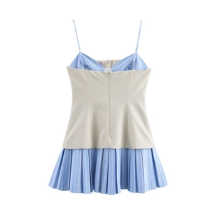 Chic poplin patchwork camisole dress with beige bodice and blue striped pleated skirt