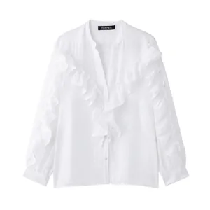 Elegante Camicia da Donna Scollo a V con Volant Tinta Unita Bianca a Maniche Lunghe Camicetta Casual Monopetto per Primavera Autunno