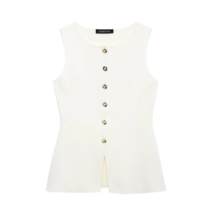 Débardeur en tricot blanc sans manches pour femme avec boutons dorés et maille côtelée