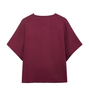 Rear view of a burgundy short-sleeved knitted top featuring a minimalist loose fit design