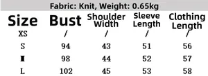 Detailed size chart for women knit cardigan showing bust and shoulder measurements