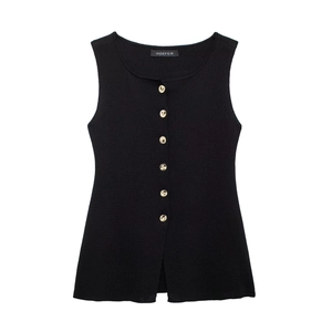 Gilet en tricot sans manches noir pour femme avec boutons dorés décoratifs et col rond