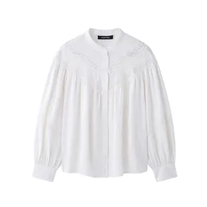 Women Elegant White Lace Blouse Stand Collar Long Sleeve Hollow Out Embroidery Sweet Bohemian Button Down Shirt Top