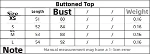 Size guide for sleeveless button-up vest showing bust and length from XS to L