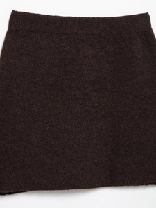 Close-up of the ribbed knit waistband with soft mohair texture in dark coffee brown