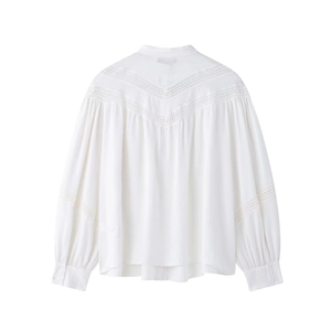 White long-sleeve blouse with V-shaped lace hollow design on the back and sleeves