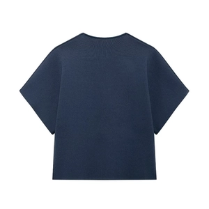 Detailed back view of navy blue short sleeve knit top with fine texture and crew neck
