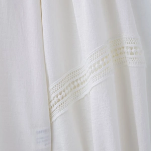Close-up of white spring blouse featuring delicate lace inserts and textured fabric details
