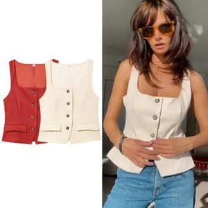 Women's square neck sleeveless buttoned vest in red and cream white colors