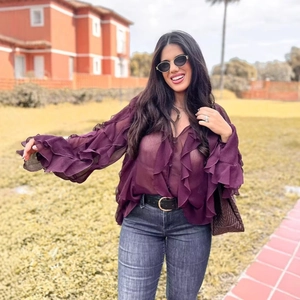 Deep purple ruffle long sleeve chiffon blouse with tiered v-neck design for summer