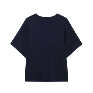 Detail of navy blue short sleeve knit top showing fabric texture and two metal buttons