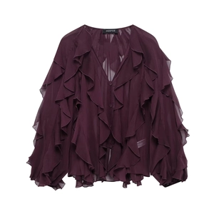 Deep purple V-neck chiffon shirt with layered ruffles and button closure for women
