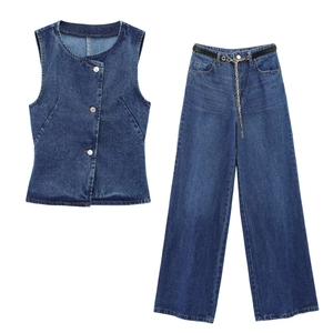 Gilet In Denim Da Donna E Pantaloni A Gamba Larga Con Cintura A Catena Senza Maniche Monopetto Streetwear Indaco