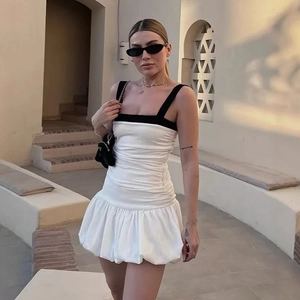 Women Ruched Bubble Hem Mini Dress Contrast Strap Square Neck Slim Fit Sleeveless Casual Party Bodycon Dress