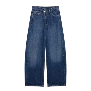 Jeans large bleu foncé taille haute avec taille asymétrique et effet délavé