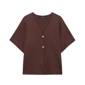 Detail of V-neck short sleeve knit cardigan in dark brown with two gold metal buttons