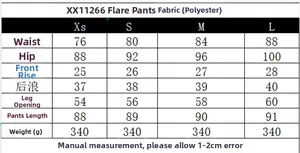 Guide des tailles pour pantalon évasé femme incluant taille, hanches et longueur de XS à L