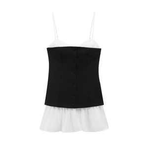 Short black and white poplin patchwork pleated dress with corset style vest design