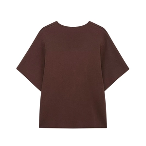 Detailed knit texture and reinforced seam on a dark brown short sleeve knit top