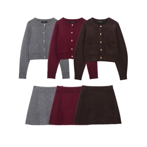 Three-color women knit cardigan and mini skirt set with golden buttons and pockets