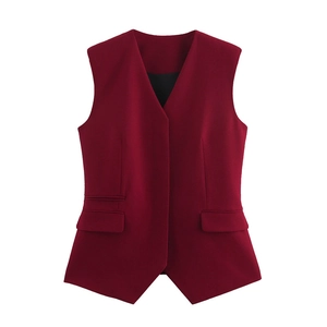 Gilet de costume bordeaux cintré avec col en V et poches décoratives pour femme