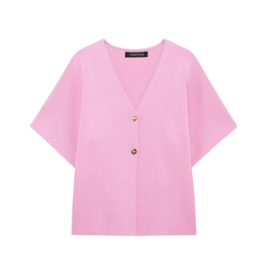 Close-up of pink knit cardigan showing two gold buttons and deep V-neckline texture