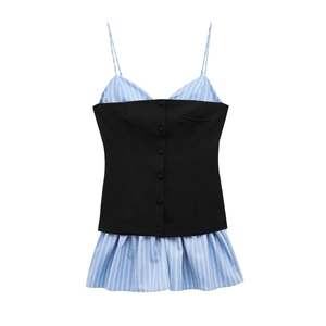 Women's blue white striped poplin patchwork camisole top with black corset vest detail