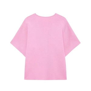 Flat lay back view of light pink short sleeve top with round neck and premium cotton texture
