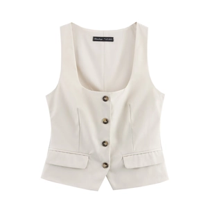 Women's 2025 early spring sleeveless vest top with tortoiseshell buttons in cream white