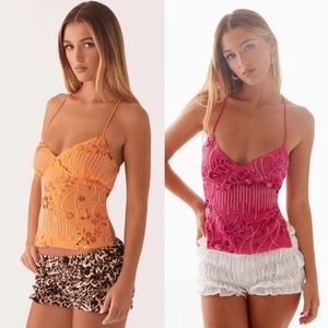 Women Sexy Sequin Beaded Camisole V Neck Boho Floral Embroidery Backless Lace Up Sleeveless Short Tank Top Party Clubwear