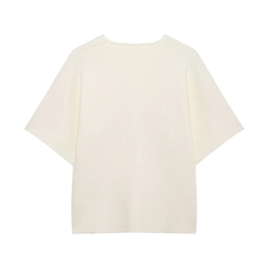 Detail of off-white knitted short sleeve top showing vertical ribbed texture and crew neck