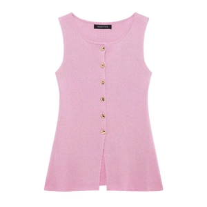 Slim fit light pink knit vest for women with elegant golden buttons on the front