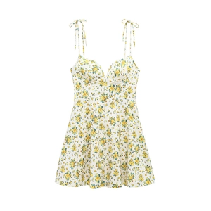 Close-up of floral print mini dress with spaghetti straps and structured cup bodice