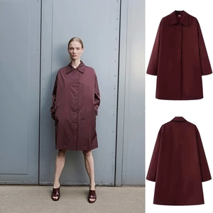 Women Casual Solid Wine Red Long Trench Coat Loose Fashion Hidden Button Lapel Outerwear Jacket For Early Spring