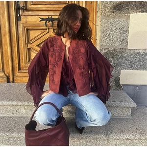 Women's Vintage Floral Embroidered Vest Suede-like Sleeveless Open Front Short Waistcoat Bohemian Ethnic Style Top