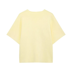 Back view of a light yellow short sleeve knit top with minimalist round neck and loose fit