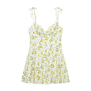 Detail view of floral poplin mini dress with tie-up ribbon straps and ruched bust cups