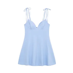 Robe à Bretelles Élégante pour Femmes Bleu Clair avec Nœud Col en V Doux Bustier Splicing Coupe en A Mini Robe Couleur Unie Été Décontracté Vacances