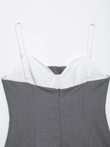 Detail of grey poplin mini dress with adjustable straps and hidden back zipper